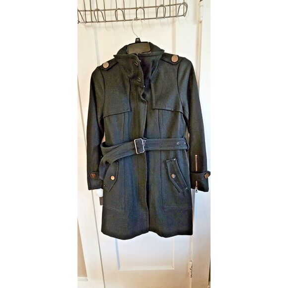 Kenneth Cole women Sz 8 Black classic wool blend Trench coat w/belt‎ - Picture 1 of 16